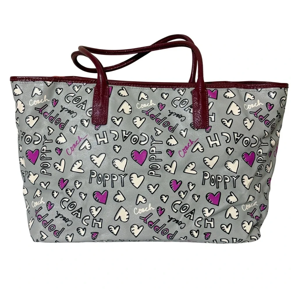 Coach Poppy Hearts Graffiti Tote With Bag Charms Coated Canvas Gray‎ Pink Y2K - Picture 2 of 16